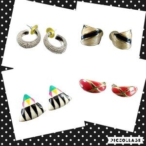 VINTAGE Retro Art Deco Gold Tone Black Red Hoop & Colorful Enamel Earrings Lot